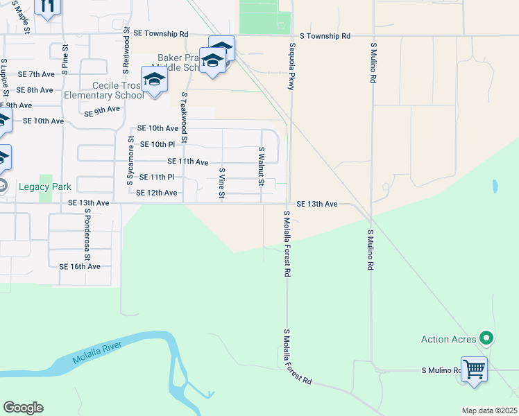 map of restaurants, bars, coffee shops, grocery stores, and more near 2187 Southeast 13th Avenue in Canby