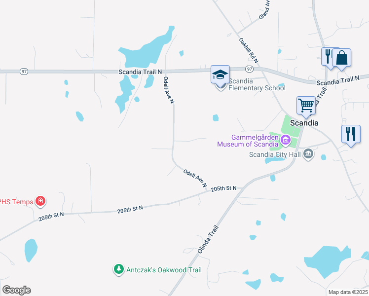 map of restaurants, bars, coffee shops, grocery stores, and more near 14201 209th Street North in Scandia
