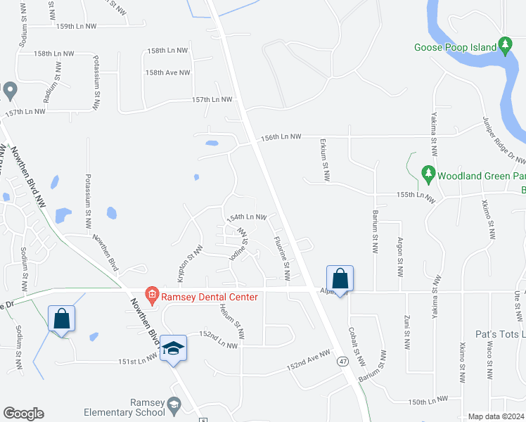 map of restaurants, bars, coffee shops, grocery stores, and more near 5581 154th Lane Northwest in Ramsey