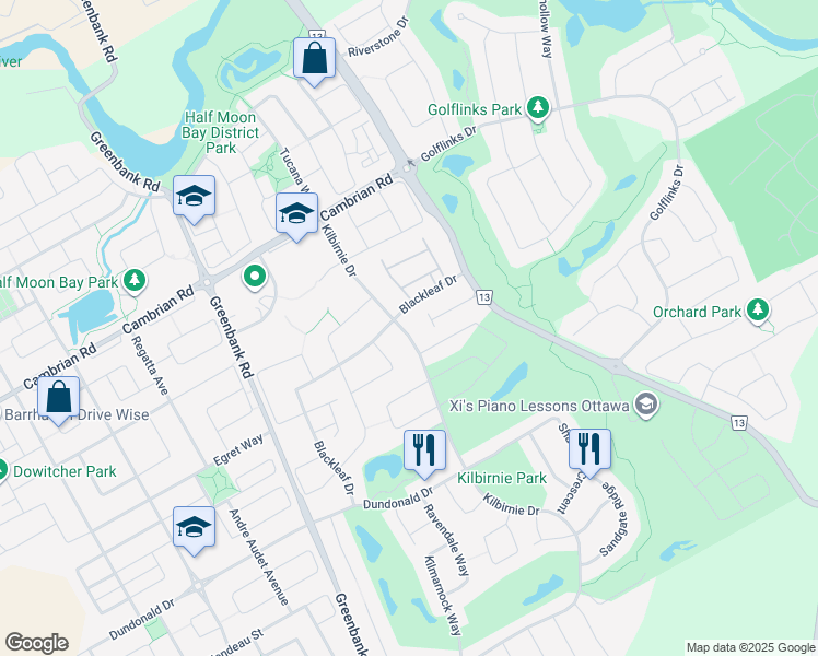 map of restaurants, bars, coffee shops, grocery stores, and more near 565 Kilbirnie Drive in Ottawa