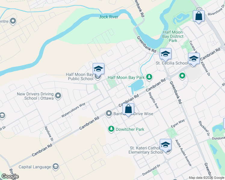 map of restaurants, bars, coffee shops, grocery stores, and more near 3718 Riverbreeze Street in Ottawa