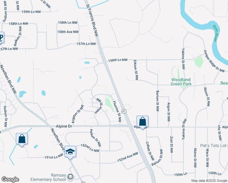 map of restaurants, bars, coffee shops, grocery stores, and more near 5557 154th Lane Northwest in Ramsey