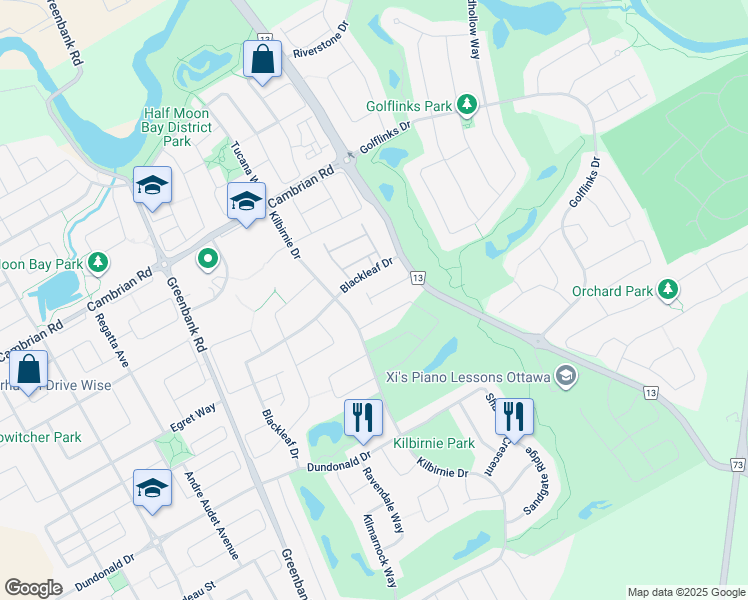 map of restaurants, bars, coffee shops, grocery stores, and more near 51 Dundalk Private in Ottawa