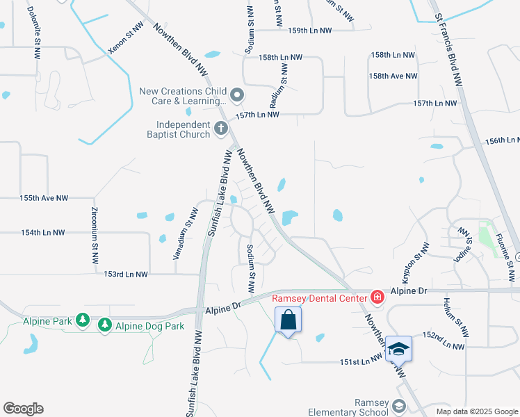 map of restaurants, bars, coffee shops, grocery stores, and more near 15509 Sodium Street Northwest in Anoka