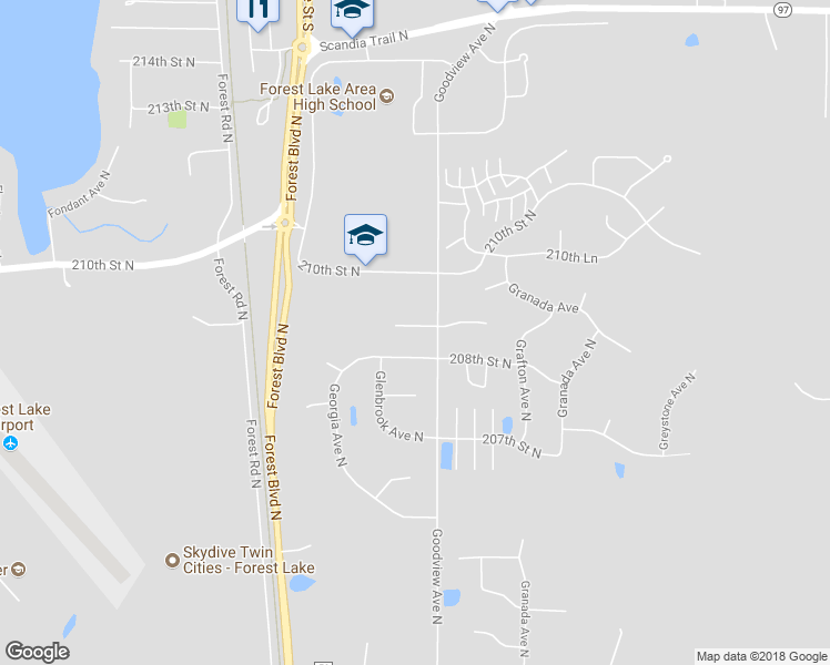 map of restaurants, bars, coffee shops, grocery stores, and more near 6243 209th Street North in Forest Lake