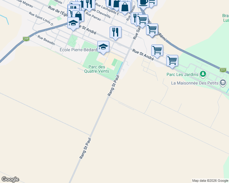map of restaurants, bars, coffee shops, grocery stores, and more near 1130 Rue Saint-Paul in Saint-Rémi
