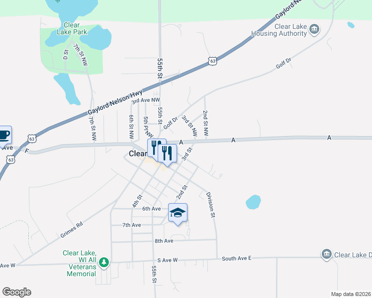map of restaurants, bars, coffee shops, grocery stores, and more near 165 3rd Street in Clear Lake