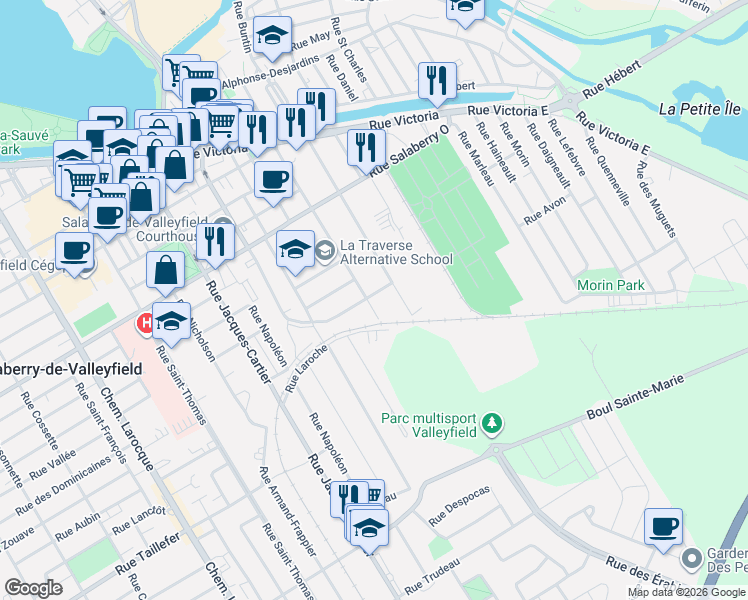 map of restaurants, bars, coffee shops, grocery stores, and more near 139 Rue McLaren in Salaberry-de-Valleyfield