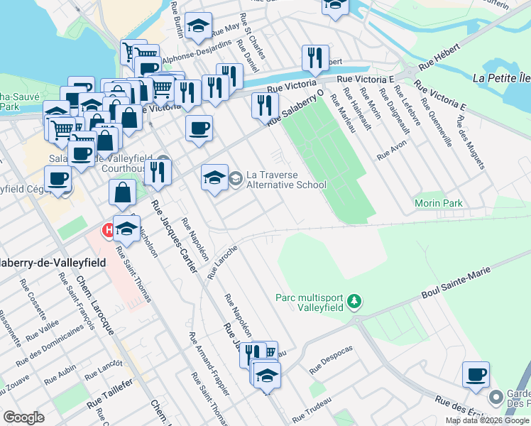 map of restaurants, bars, coffee shops, grocery stores, and more near 143 Rue McLaren in Salaberry-de-Valleyfield