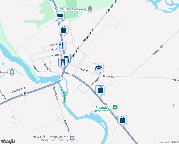 map of restaurants, bars, coffee shops, grocery stores, and more near 23 High Street in Milo