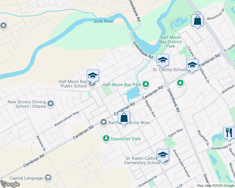 map of restaurants, bars, coffee shops, grocery stores, and more near 2235 River Mist Road in Ottawa