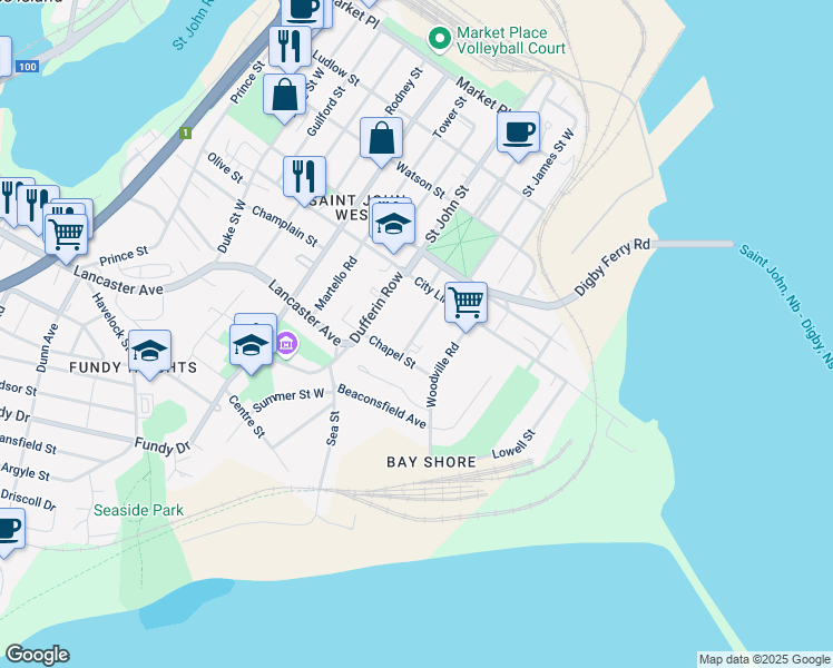 map of restaurants, bars, coffee shops, grocery stores, and more near 339 Clifton Street West in Saint John