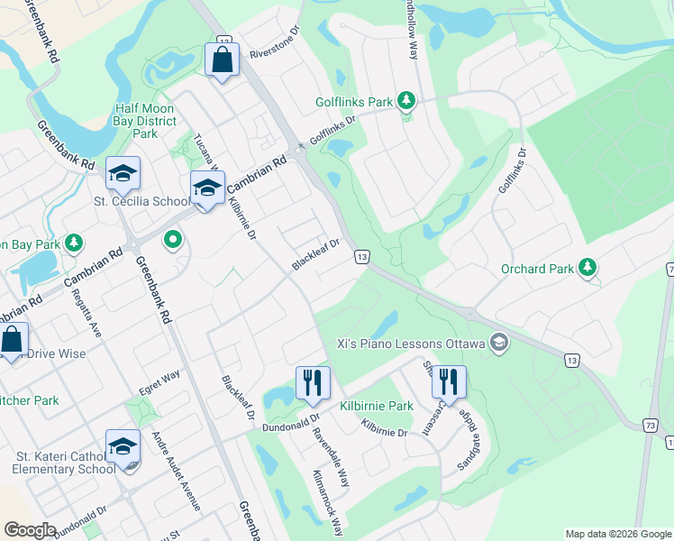 map of restaurants, bars, coffee shops, grocery stores, and more near 33 Dundalk Private in Ottawa
