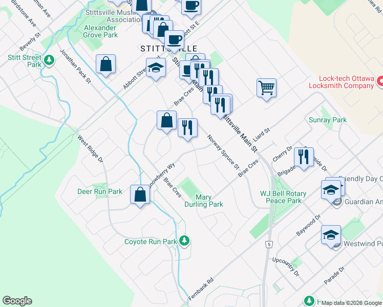 map of restaurants, bars, coffee shops, grocery stores, and more near 32 Henry Goulburn Way in Ottawa