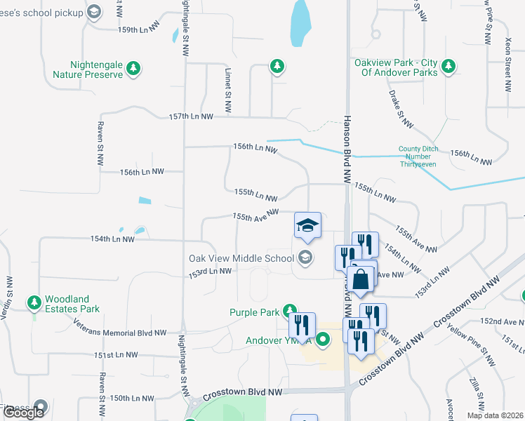 map of restaurants, bars, coffee shops, grocery stores, and more near 1811 155th Avenue Northwest in Andover