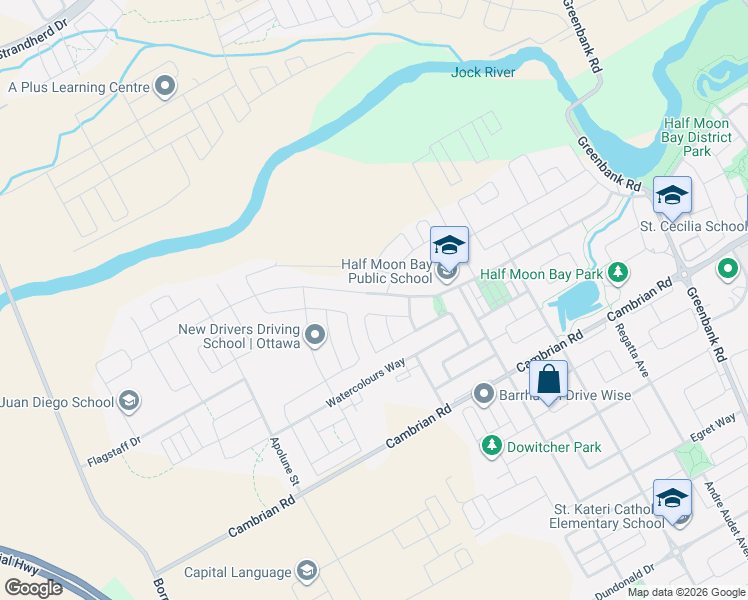 map of restaurants, bars, coffee shops, grocery stores, and more near 3580 River Run Avenue in Ottawa