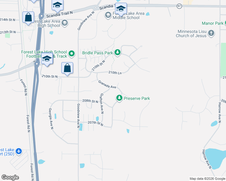 map of restaurants, bars, coffee shops, grocery stores, and more near 20816 Granada Avenue North in Forest Lake