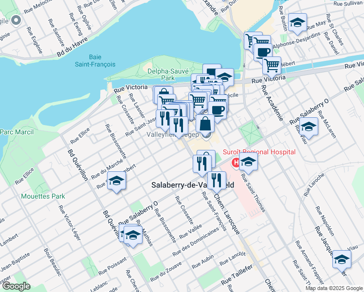 map of restaurants, bars, coffee shops, grocery stores, and more near in Salaberry-de-Valleyfield