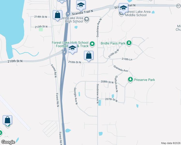 map of restaurants, bars, coffee shops, grocery stores, and more near 6243 209th Street North in Forest Lake