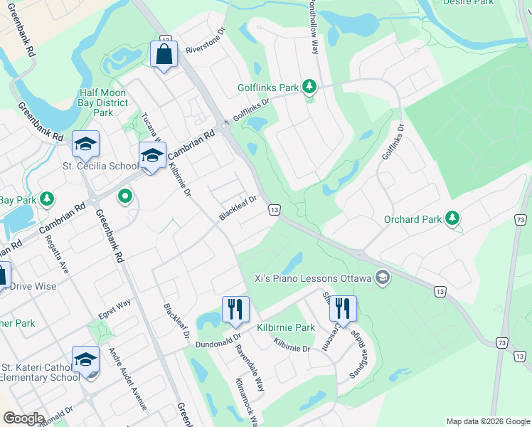 map of restaurants, bars, coffee shops, grocery stores, and more near 11 Dundalk Private in Ottawa