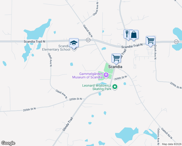map of restaurants, bars, coffee shops, grocery stores, and more near 14620 Oakhill Road North in Scandia