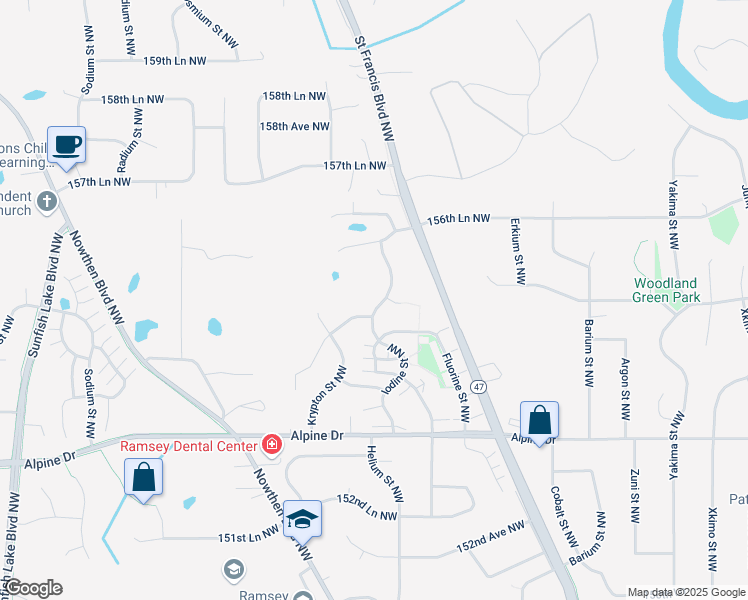 map of restaurants, bars, coffee shops, grocery stores, and more near 15490 Iodine Street Northwest in Ramsey