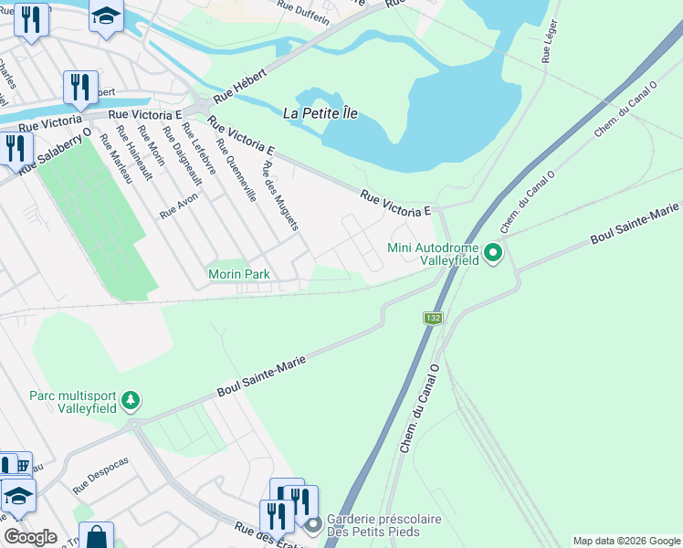 map of restaurants, bars, coffee shops, grocery stores, and more near 131 Rue Bonin in Salaberry-de-Valleyfield