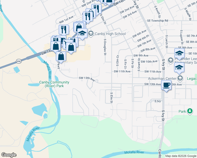 map of restaurants, bars, coffee shops, grocery stores, and more near 1185 South Elm Street in Canby