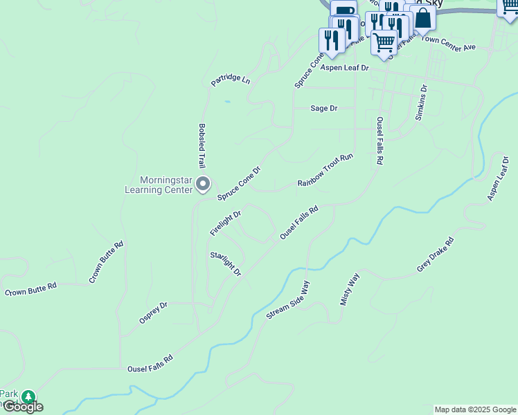 map of restaurants, bars, coffee shops, grocery stores, and more near 57 Rainbow Trout Run in Big Sky