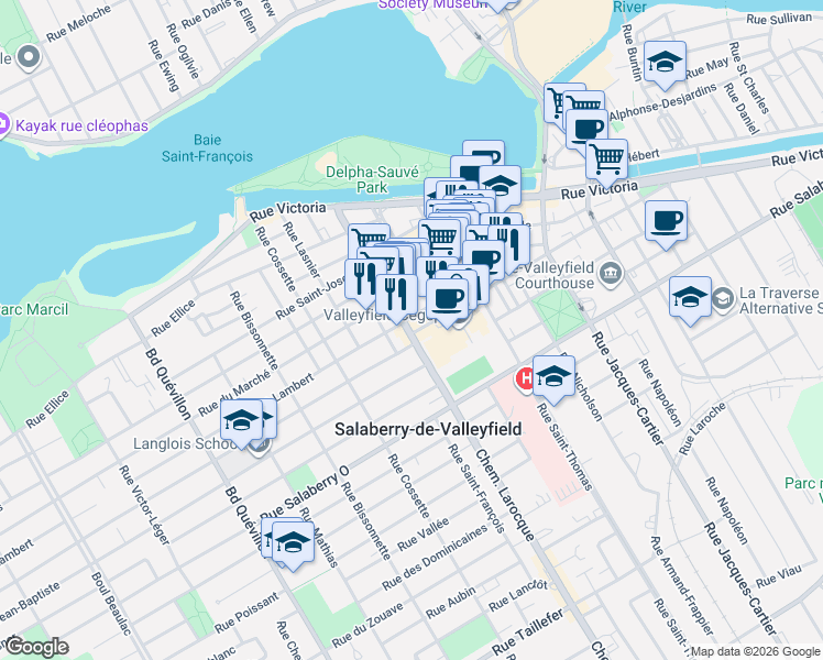 map of restaurants, bars, coffee shops, grocery stores, and more near 89 Chemin Larocque in Salaberry-de-Valleyfield