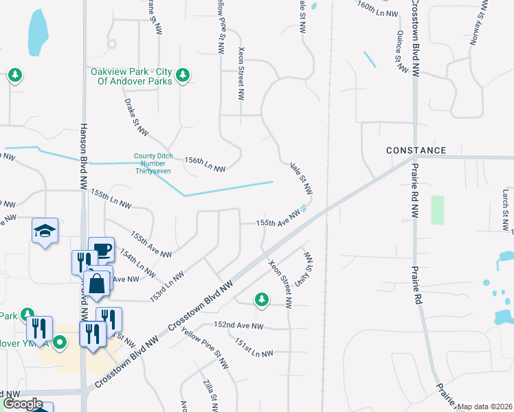 map of restaurants, bars, coffee shops, grocery stores, and more near 15522 Xeon Street Northwest in Andover