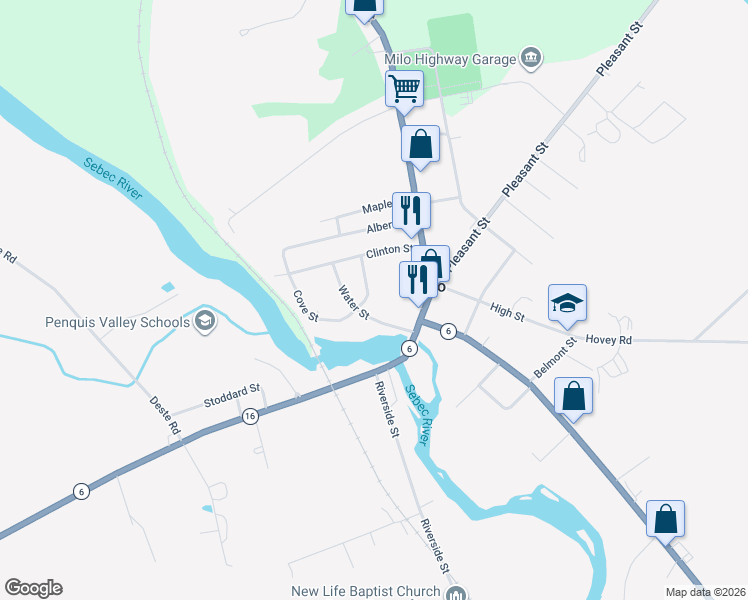 map of restaurants, bars, coffee shops, grocery stores, and more near 8 Crescent Street in Milo