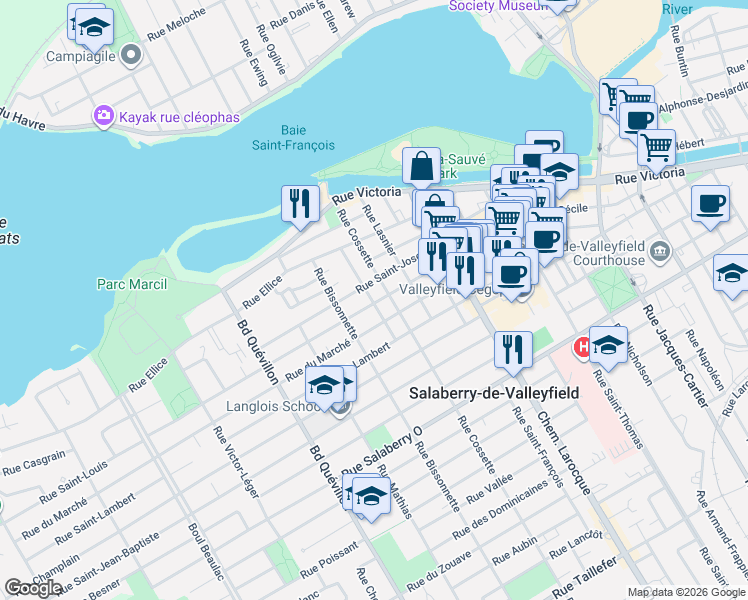 map of restaurants, bars, coffee shops, grocery stores, and more near in Salaberry-de-Valleyfield