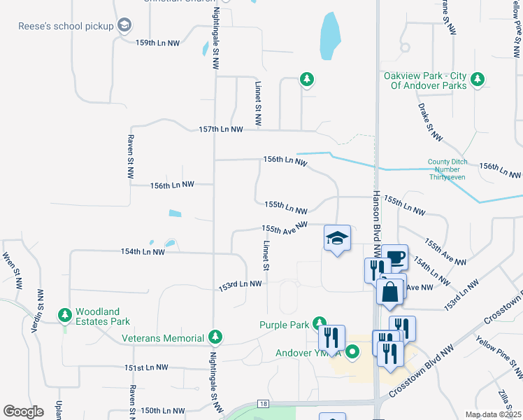 map of restaurants, bars, coffee shops, grocery stores, and more near 15570 Linnet Street Northwest in Andover