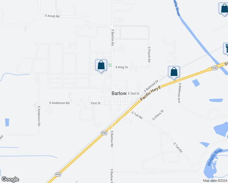 map of restaurants, bars, coffee shops, grocery stores, and more near 24486 South Barlow Road in Canby