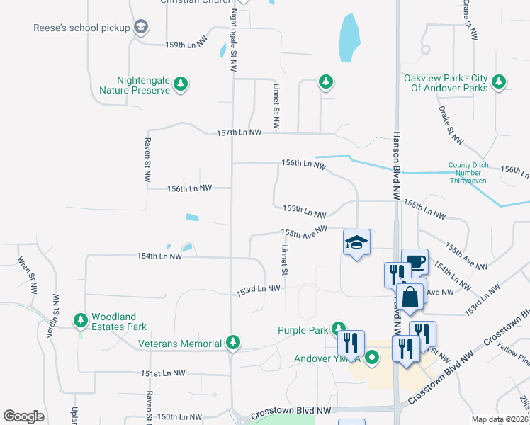map of restaurants, bars, coffee shops, grocery stores, and more near 15550 Linnet Street Northwest in Andover