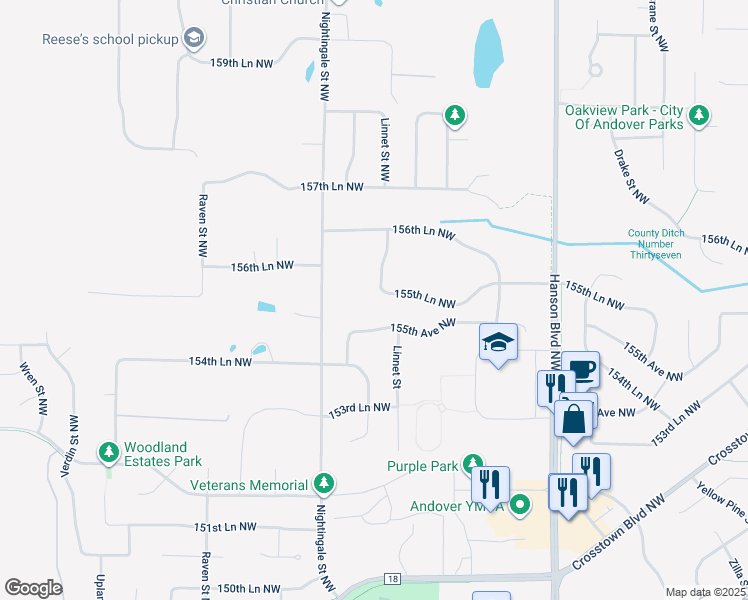 map of restaurants, bars, coffee shops, grocery stores, and more near 15570 Linnet Street Northwest in Andover