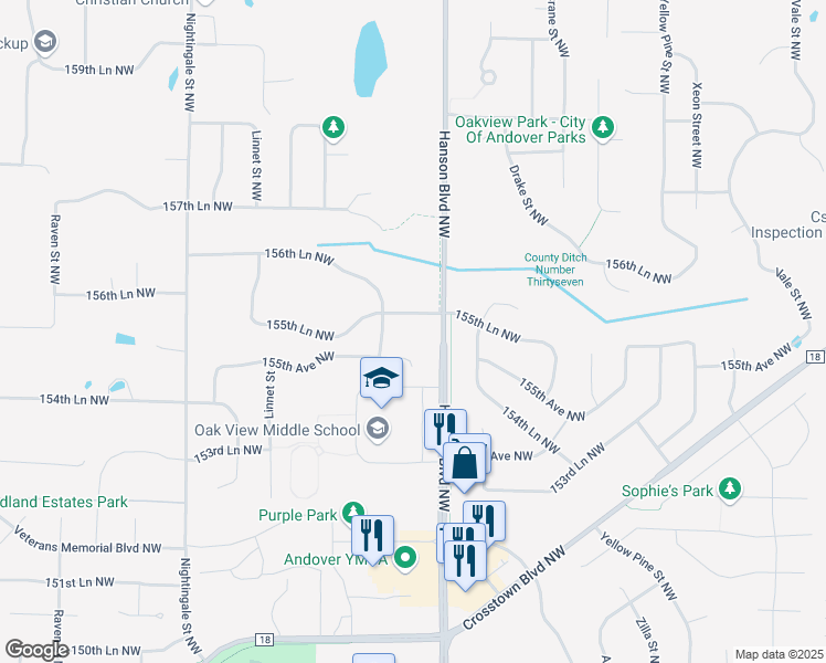map of restaurants, bars, coffee shops, grocery stores, and more near 1640 155th Lane Northwest in Andover
