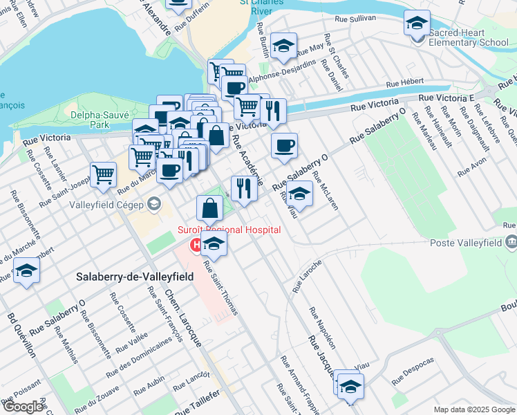 map of restaurants, bars, coffee shops, grocery stores, and more near 671 Rue de l'Académie in Salaberry-de-Valleyfield