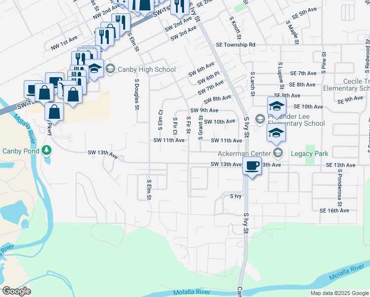 map of restaurants, bars, coffee shops, grocery stores, and more near 425 Southwest 11th Avenue in Canby