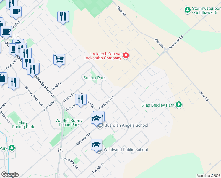 map of restaurants, bars, coffee shops, grocery stores, and more near 12 John Sidney Crescent in Ottawa