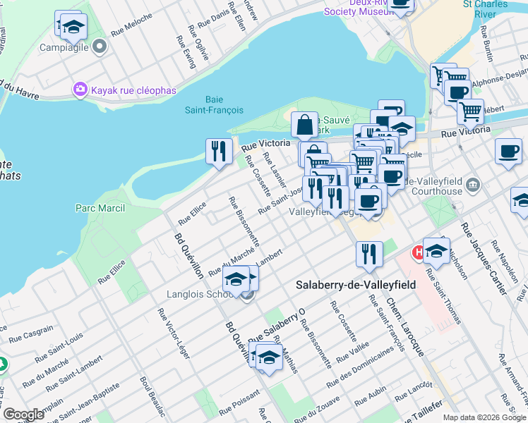 map of restaurants, bars, coffee shops, grocery stores, and more near 69 Rue Saint-Joseph in Salaberry-de-Valleyfield