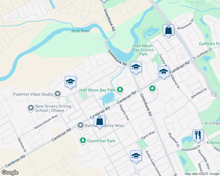map of restaurants, bars, coffee shops, grocery stores, and more near 2649 Fallingwater Circle in Ottawa
