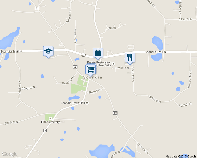 map of restaurants, bars, coffee shops, grocery stores, and more near 14768 Oakhill Road North in Scandia