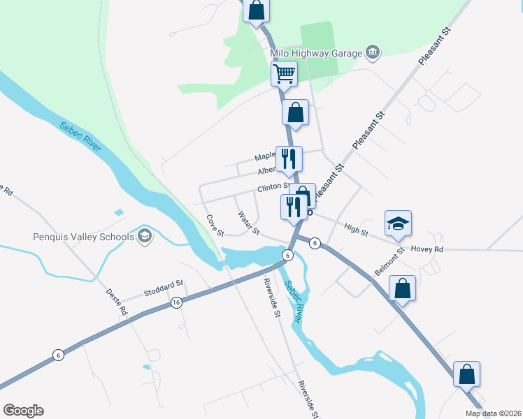 map of restaurants, bars, coffee shops, grocery stores, and more near 8 Crescent Street in Milo
