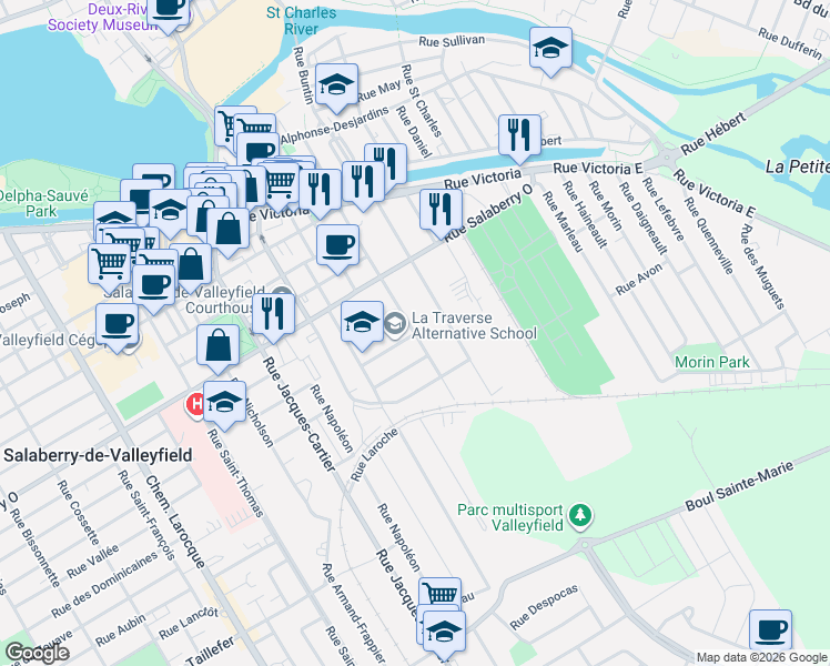 map of restaurants, bars, coffee shops, grocery stores, and more near 107 A Rue McLaren in Salaberry-de-Valleyfield