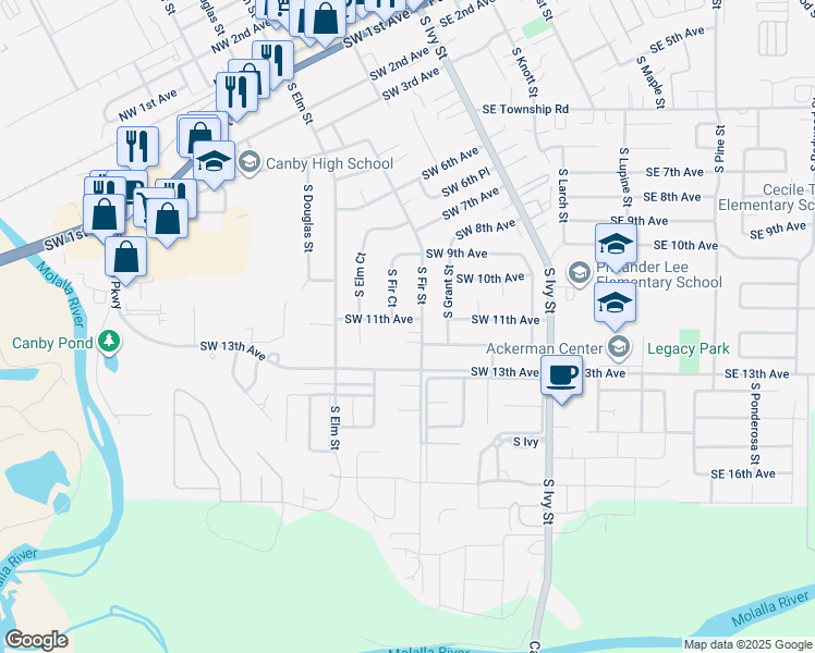 map of restaurants, bars, coffee shops, grocery stores, and more near 425 SW 11th Ave in Canby