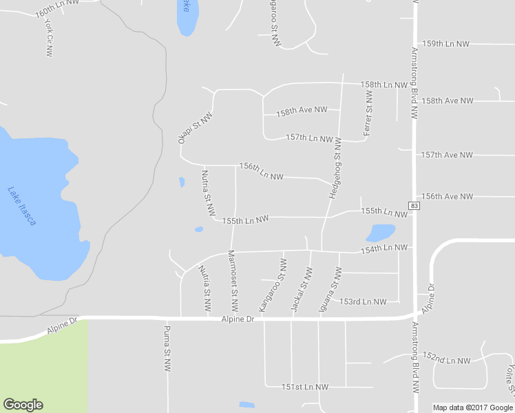 map of restaurants, bars, coffee shops, grocery stores, and more near 8375 155th Lane Northwest in Ramsey