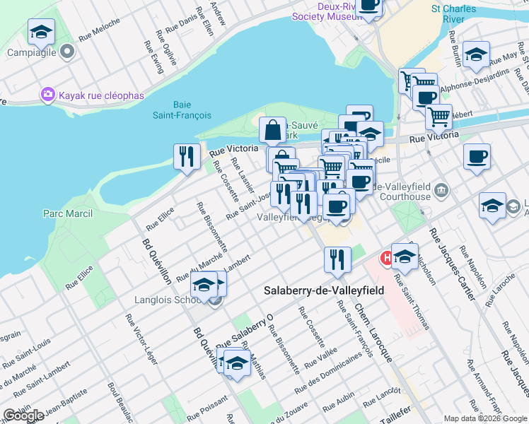 map of restaurants, bars, coffee shops, grocery stores, and more near 50 Rue Saint-Louis in Salaberry-de-Valleyfield