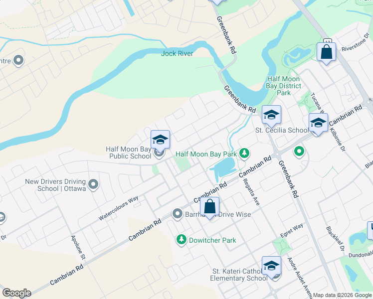 map of restaurants, bars, coffee shops, grocery stores, and more near River Run Avenue in Ottawa